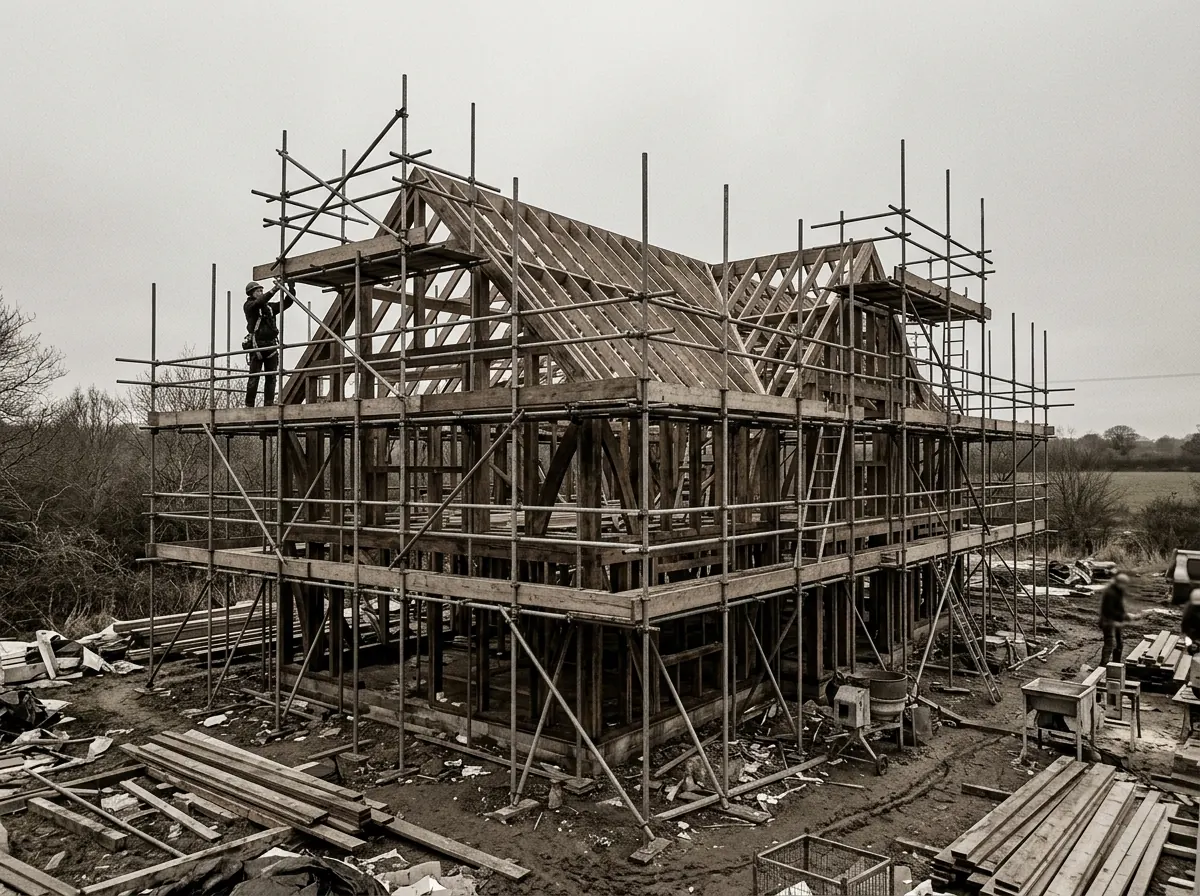 A timber house frame wrapped in metal scaffolding