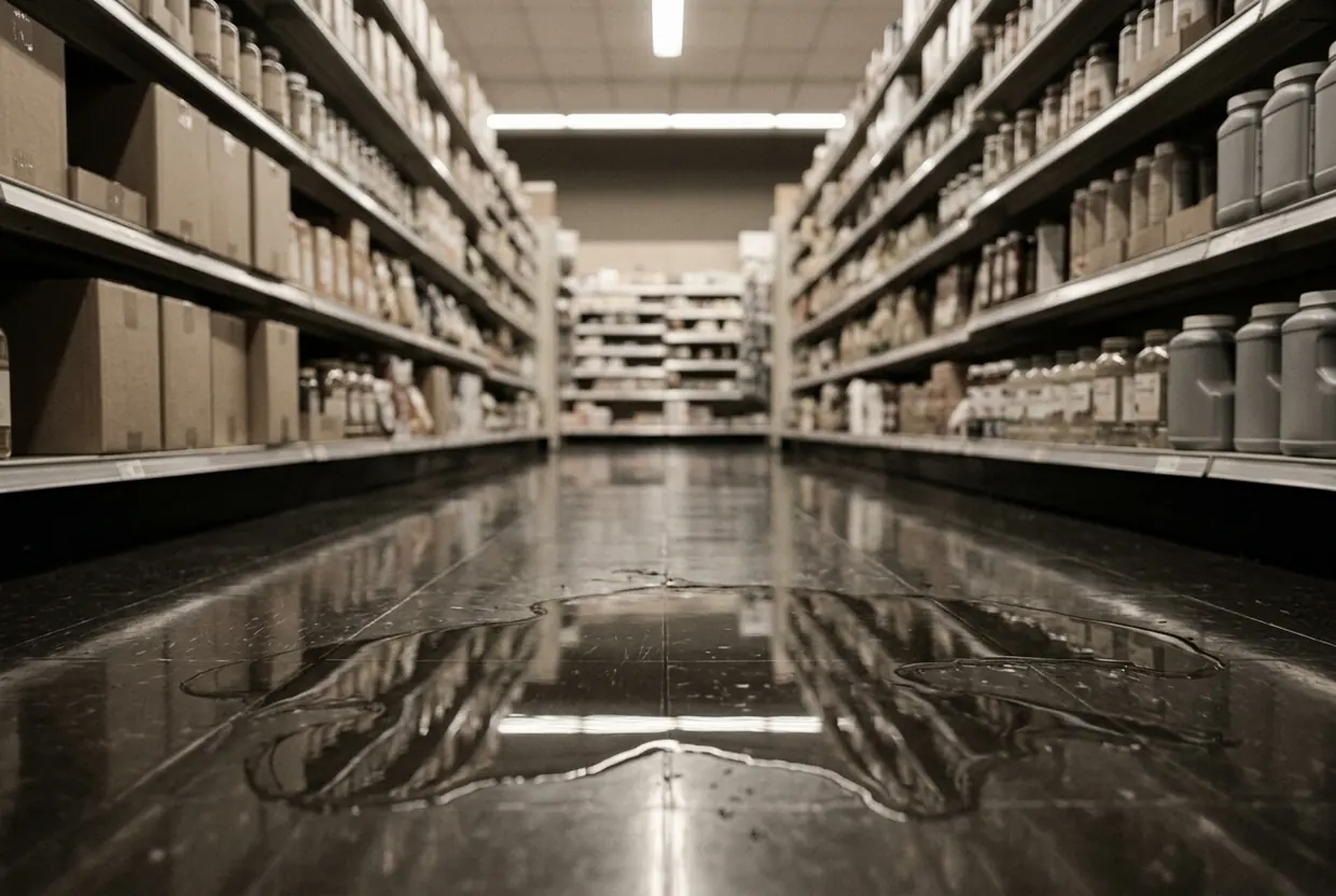 A wide puddle spread across a polished grocery store floor
