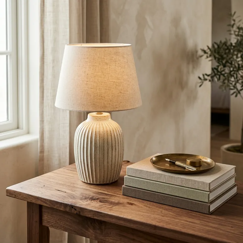 Walnut desk corner with a ribbed ceramic lamp