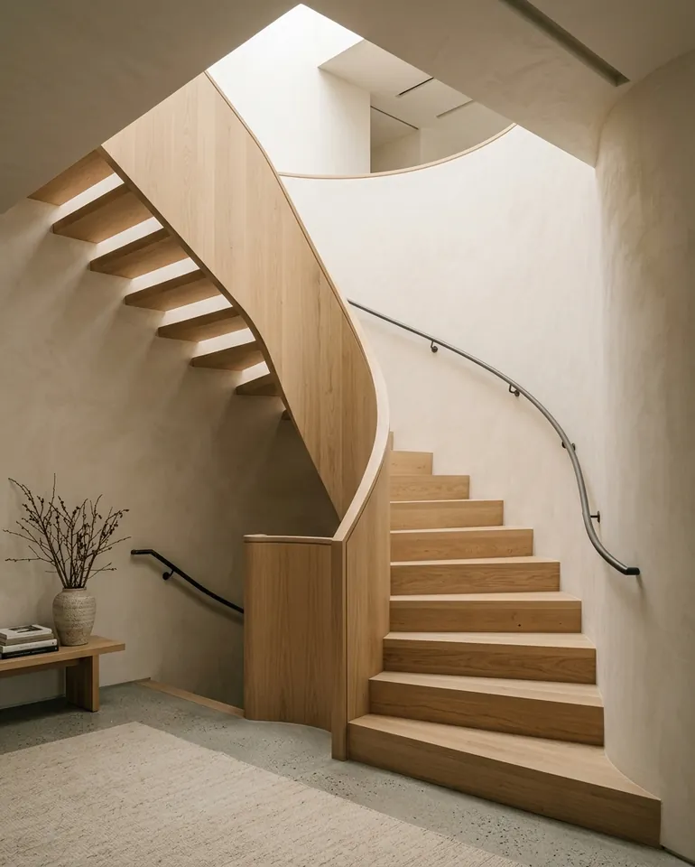 Pale oak staircase against a plaster wall