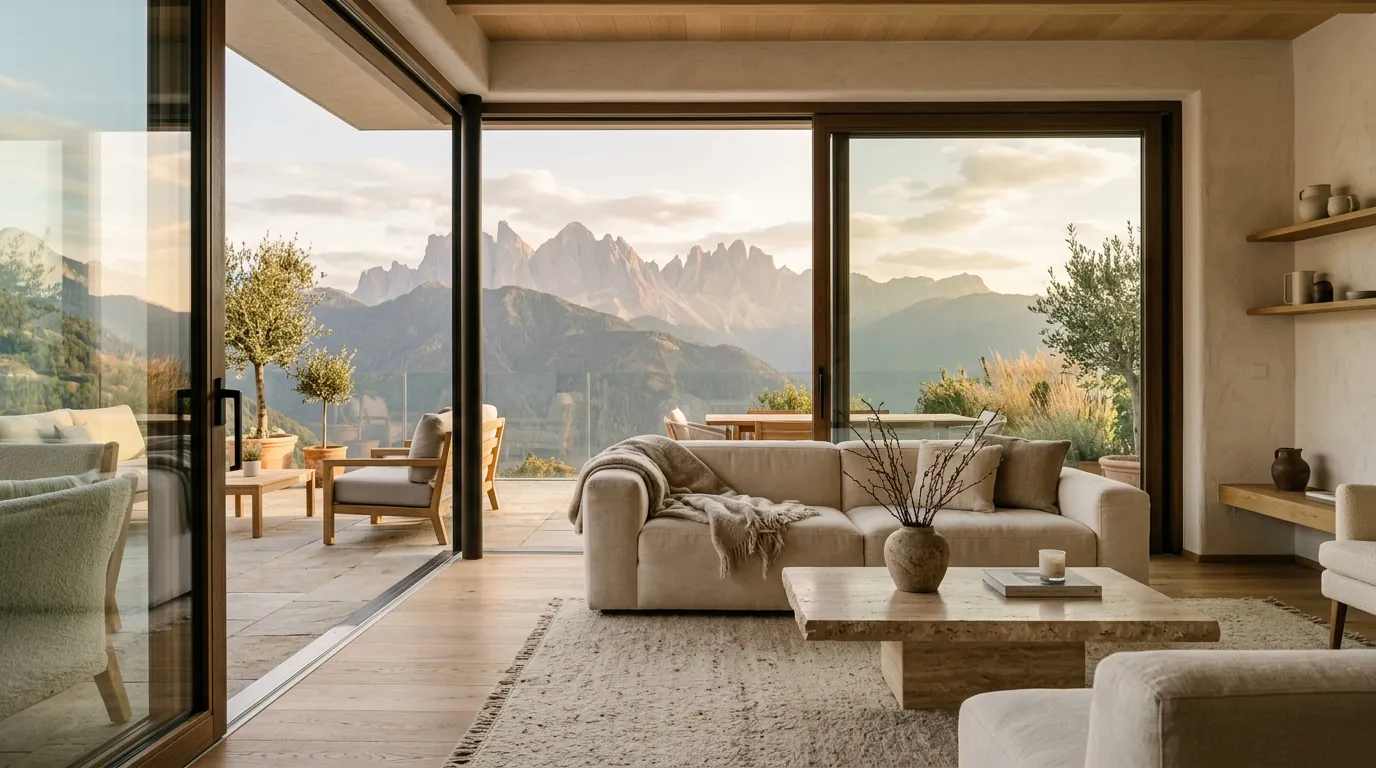 Living room opening onto a terrace with a mountain view