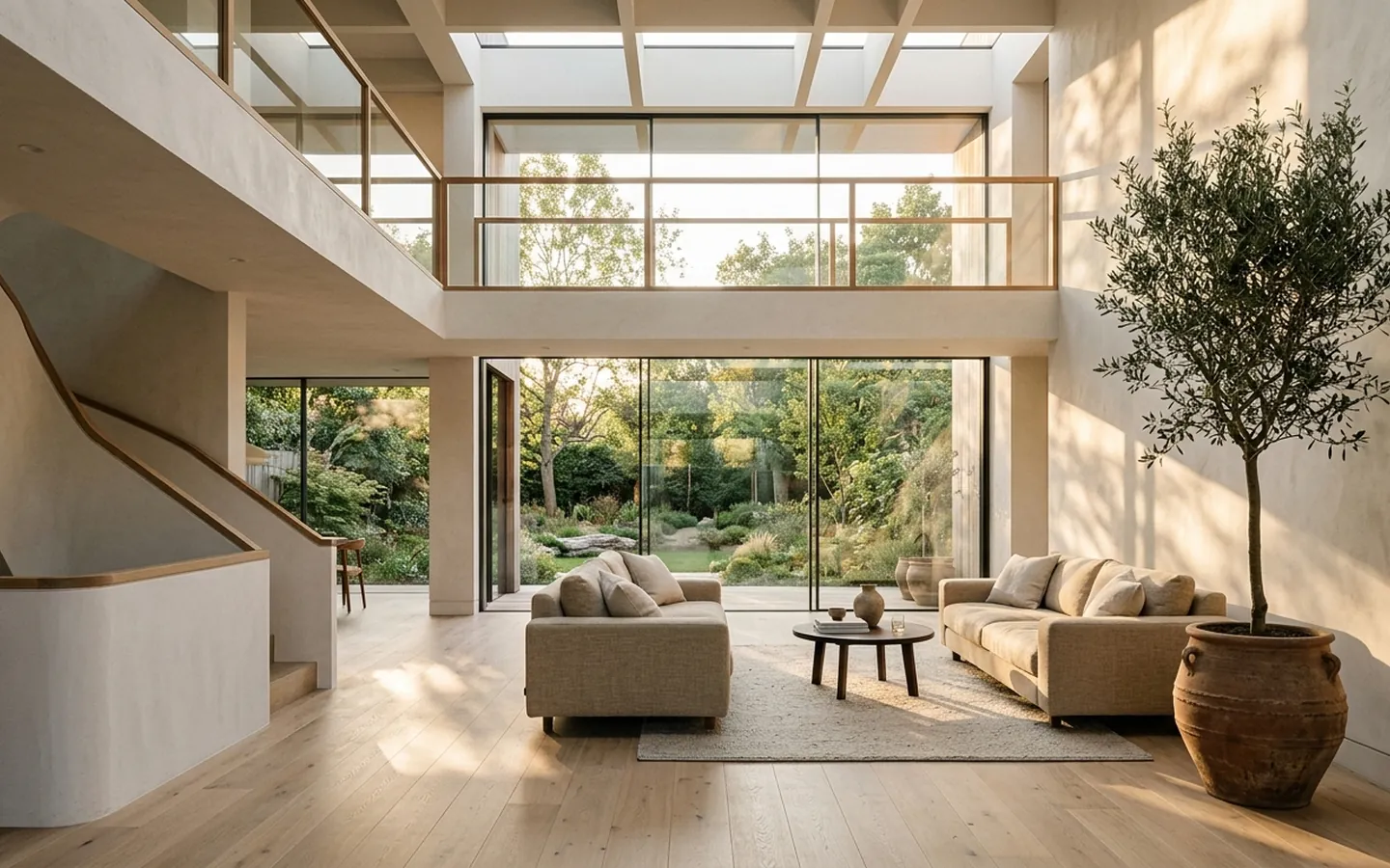 Double height living atrium with pale plaster walls and warm afternoon light