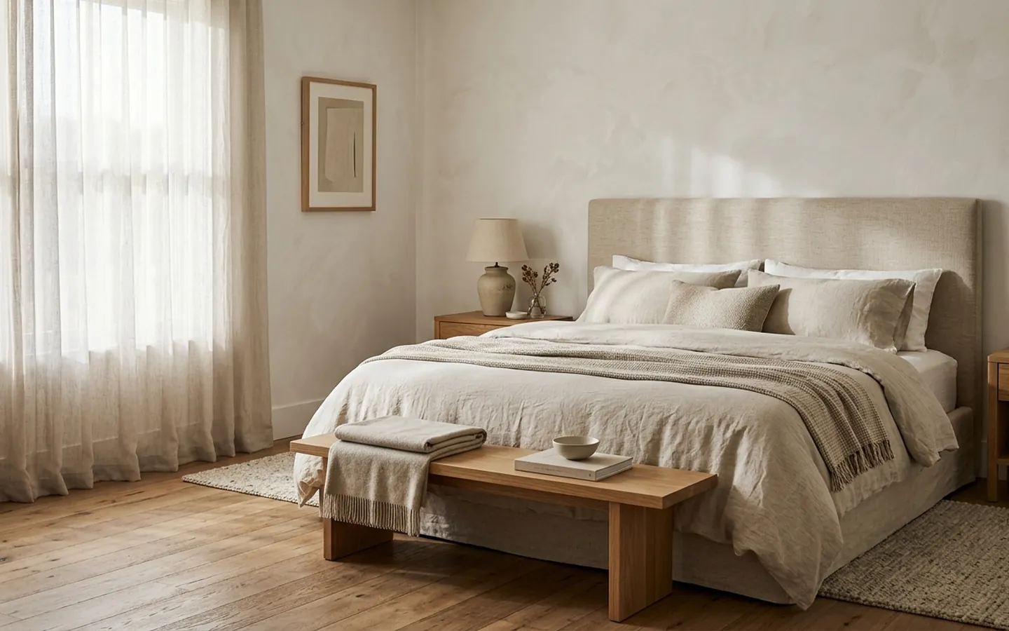 Calm principal bedroom with linen bedding and oak flooring