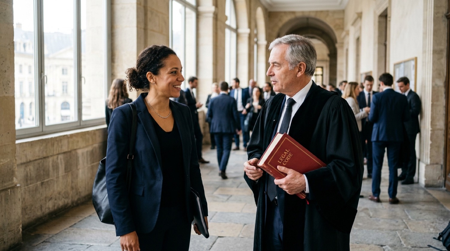 Two attorneys in a courthouse corridor
