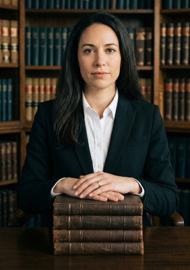 Attorney standing beside a stack of law books in a law library