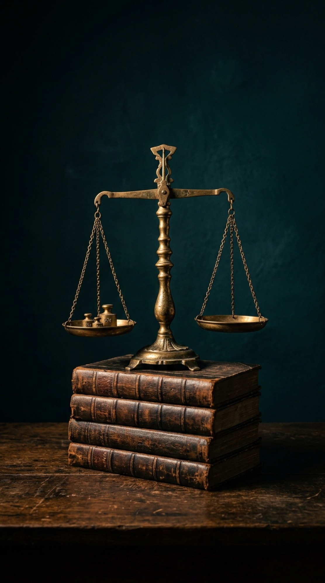 Antique brass balance scale resting on a stack of leather bound books