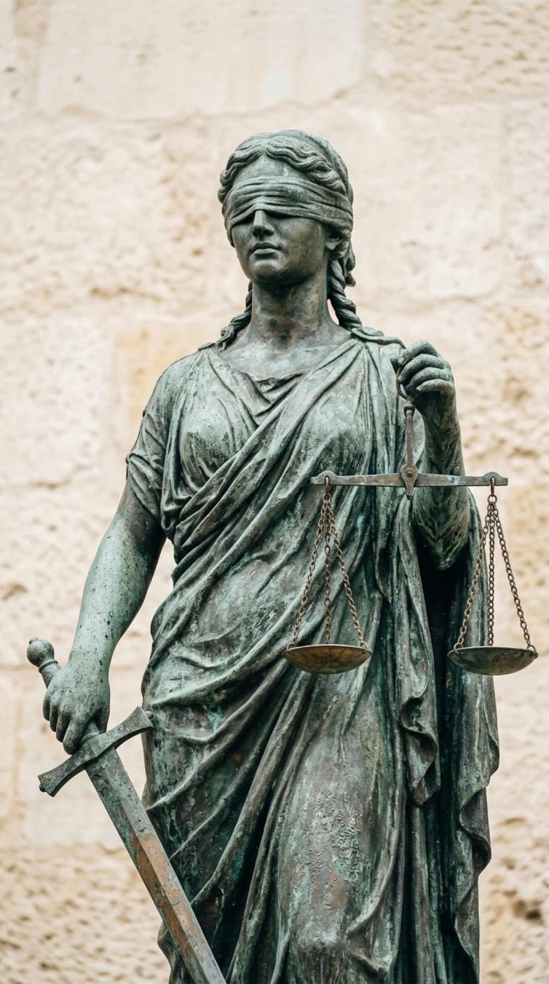 Bronze statue of a blindfolded justice figure holding scales and a sword