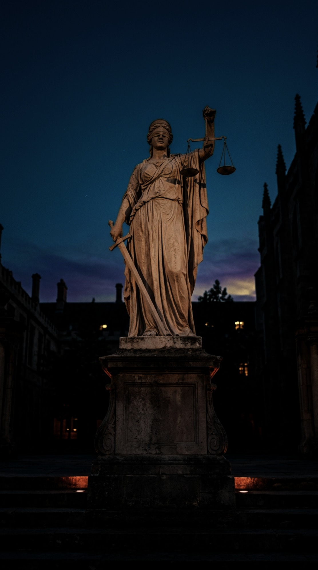 Pale stone statue of a robed figure against a deep blue dusk sky