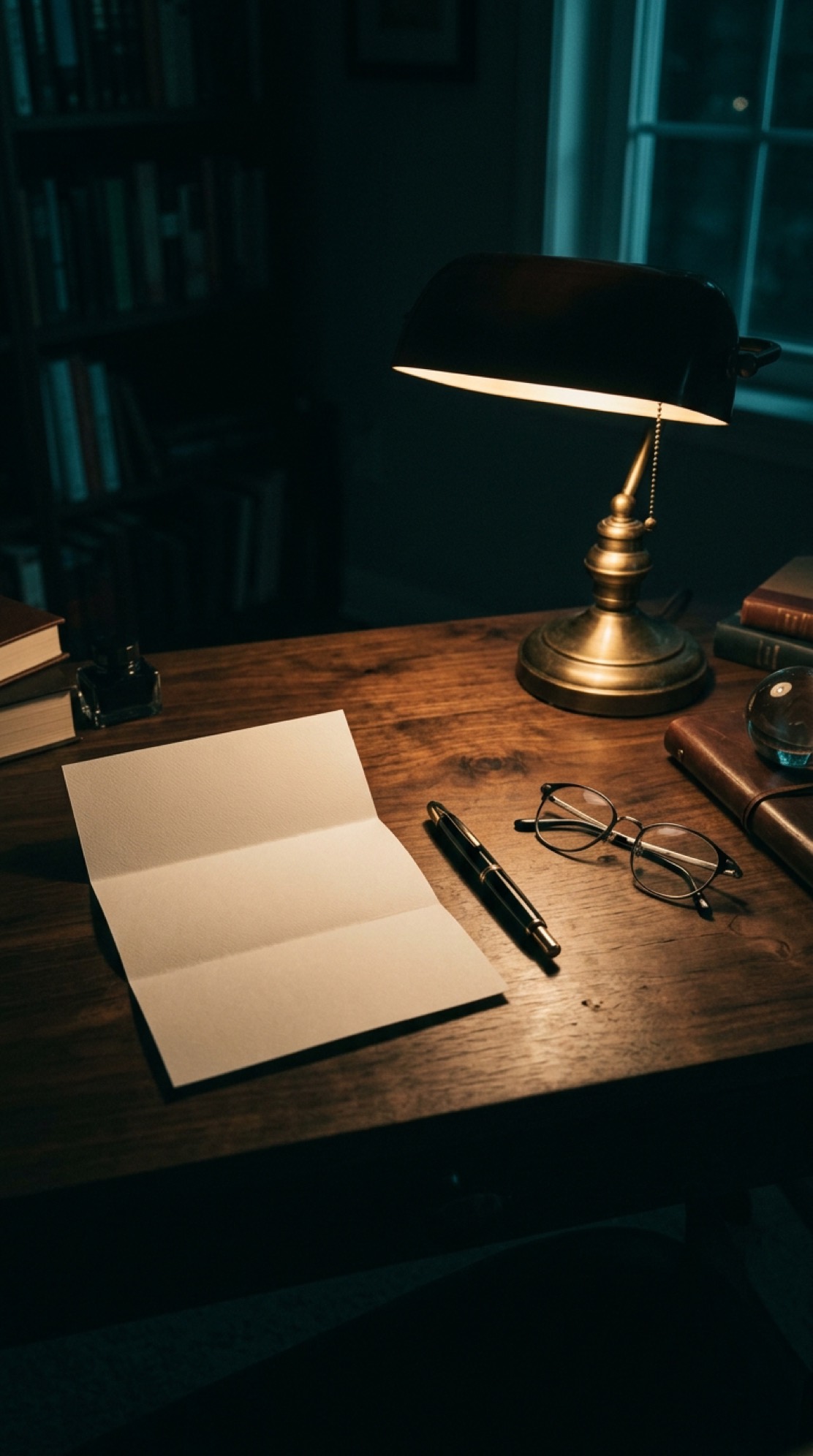 Fountain pen resting on a blank document beside a folder and reading glasses