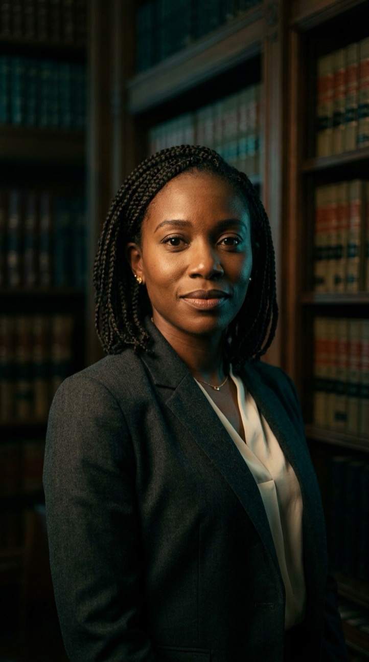 Portrait of a woman attorney in a charcoal blazer in a law library
