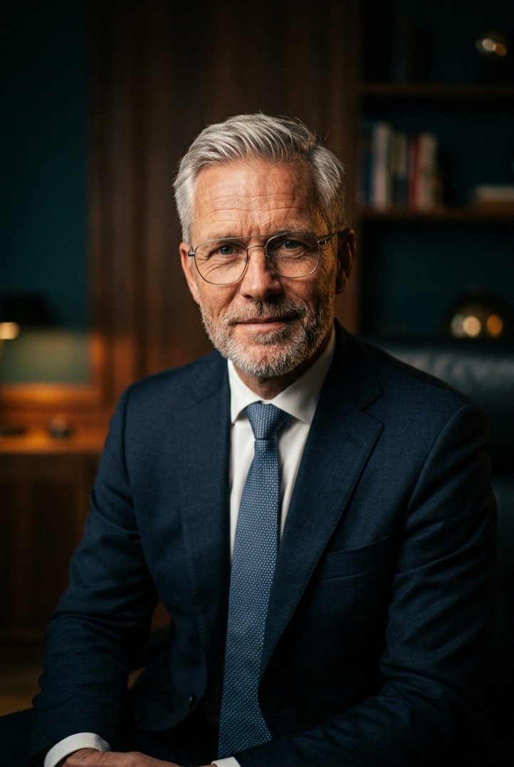 Portrait of a silver haired man attorney in a navy suit