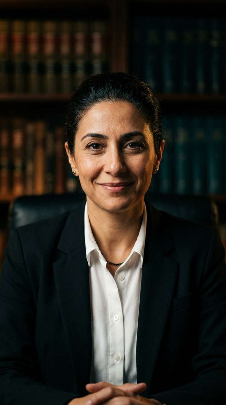 Portrait of a woman attorney in a black blazer in an office
