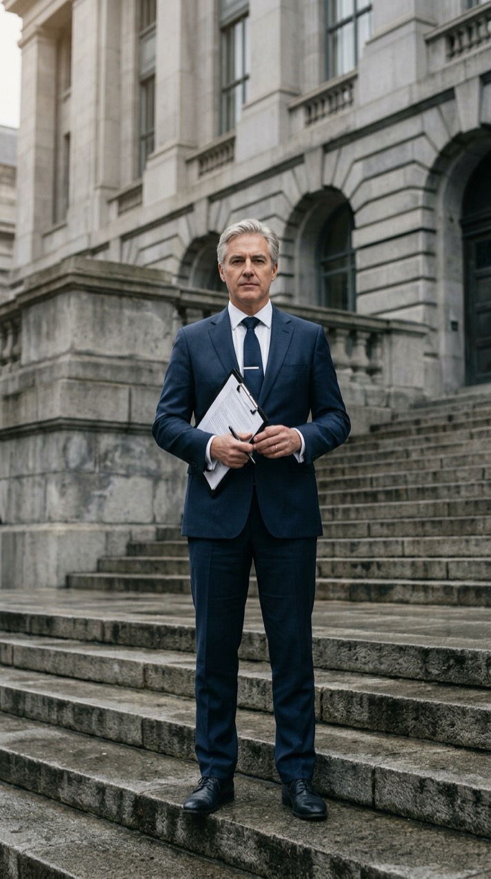 Attorney holding a case file on the steps of a courthouse
