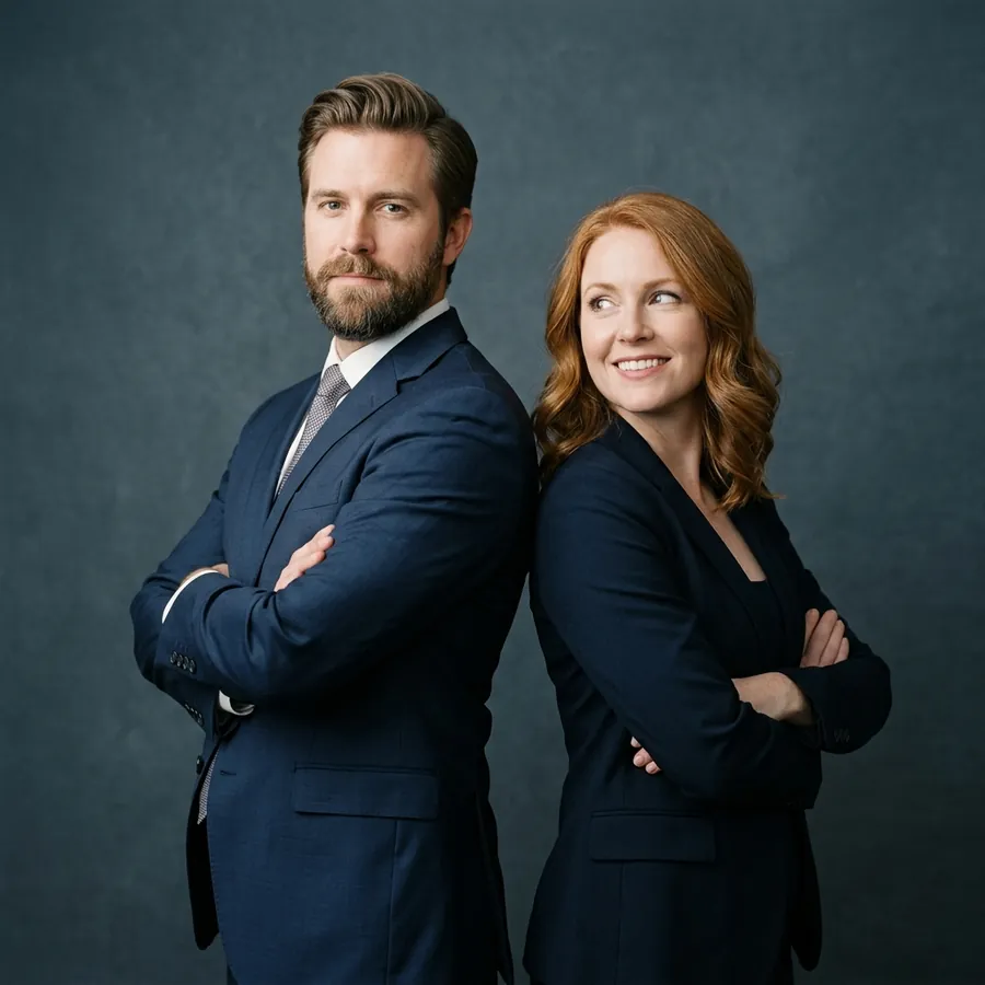 Two attorneys of the firm standing back to back in dark suits