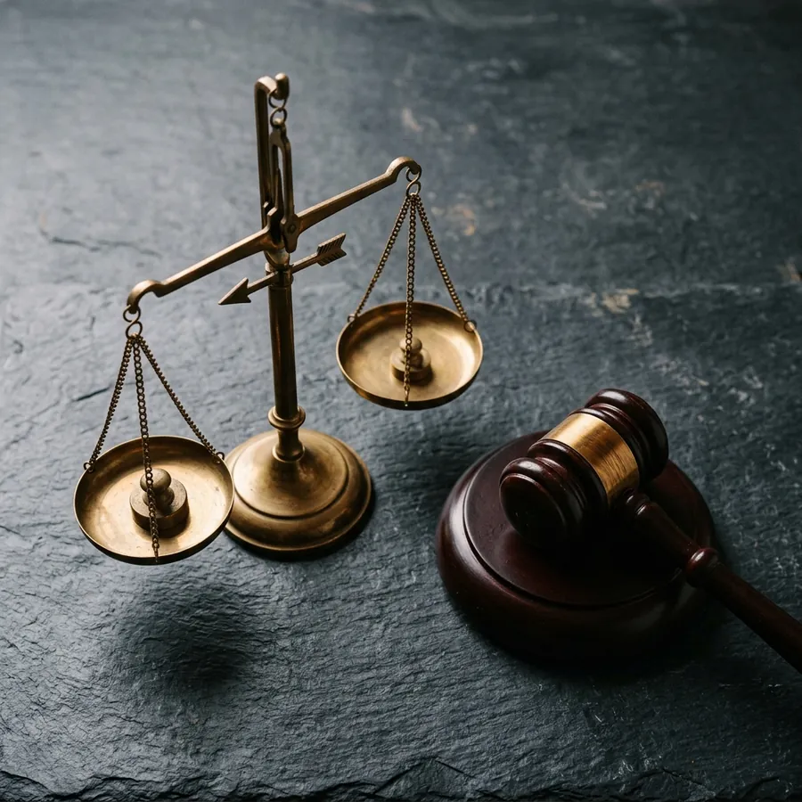 Brass balance scale and a wooden gavel on dark slate