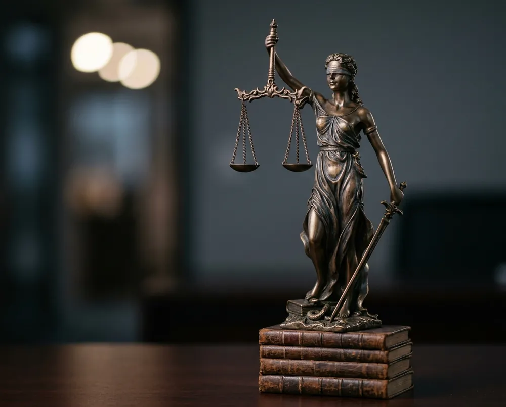 Blindfolded bronze statue raising balance scales on a desk