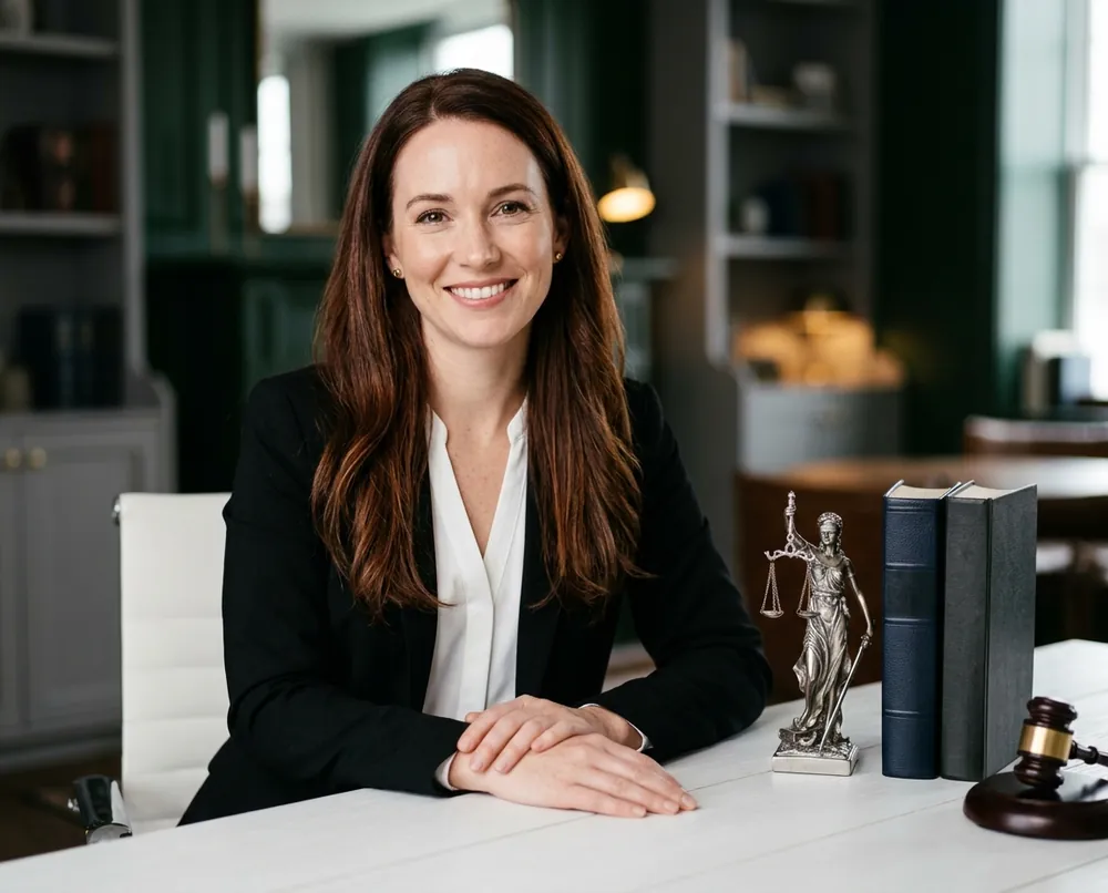 Smiling attorney at her desk beside a small bronze figurine and a gavel