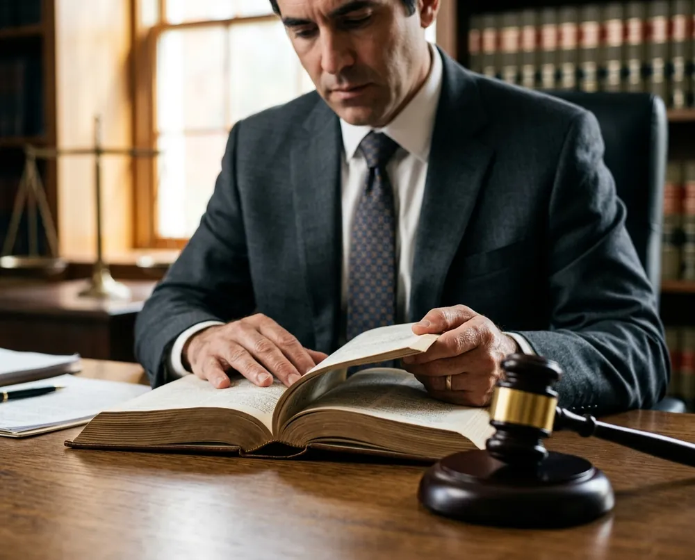 Attorney reviewing an open law book beside a gavel