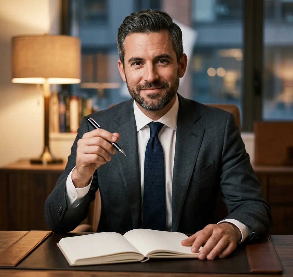 Attorney in a charcoal suit at his desk holding a pen