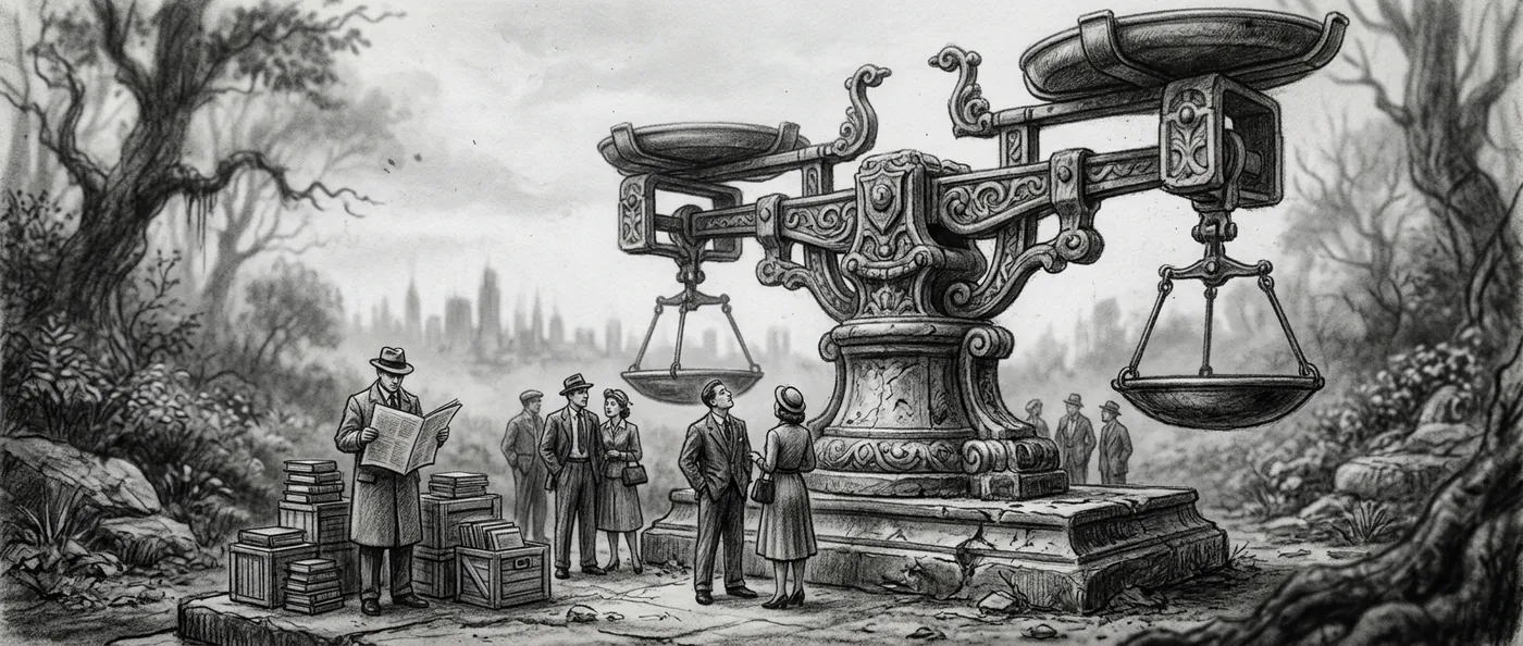 Monochrome scene of a giant balance scale surrounded by small figures
