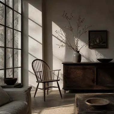 Living room corner with a dark timber credenza and hard window-grid shadows