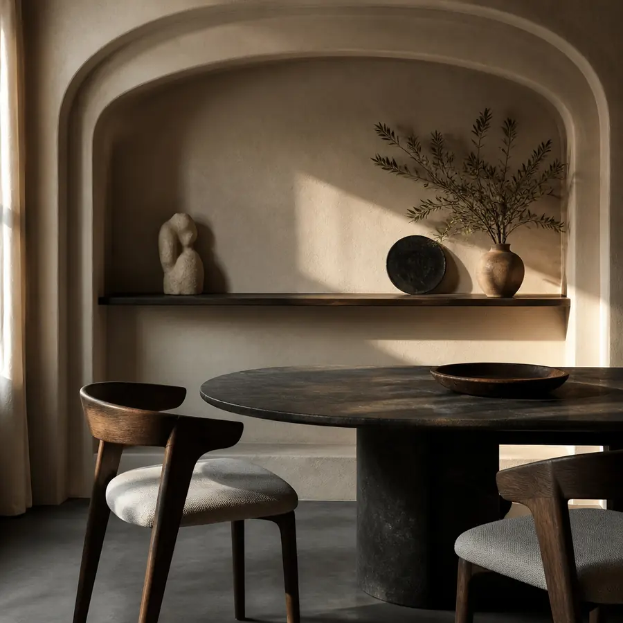 Dining room with a plaster arch niche and a dark oval stone table