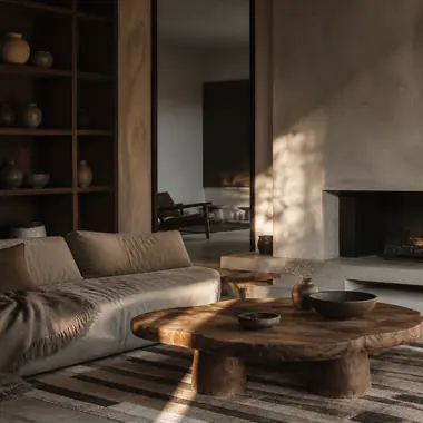 Warm living room with a sculpted timber coffee table and a striped wool rug