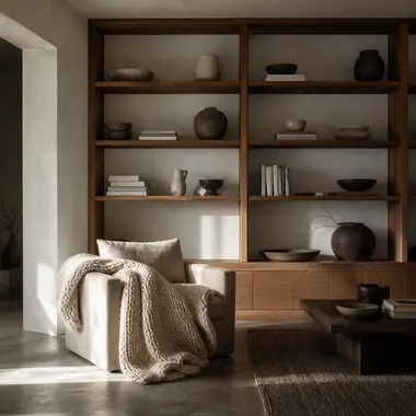White oak shelving wall holding ceramics beside a linen armchair