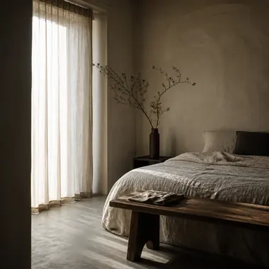 Quiet bedroom with sheer curtains catching morning light