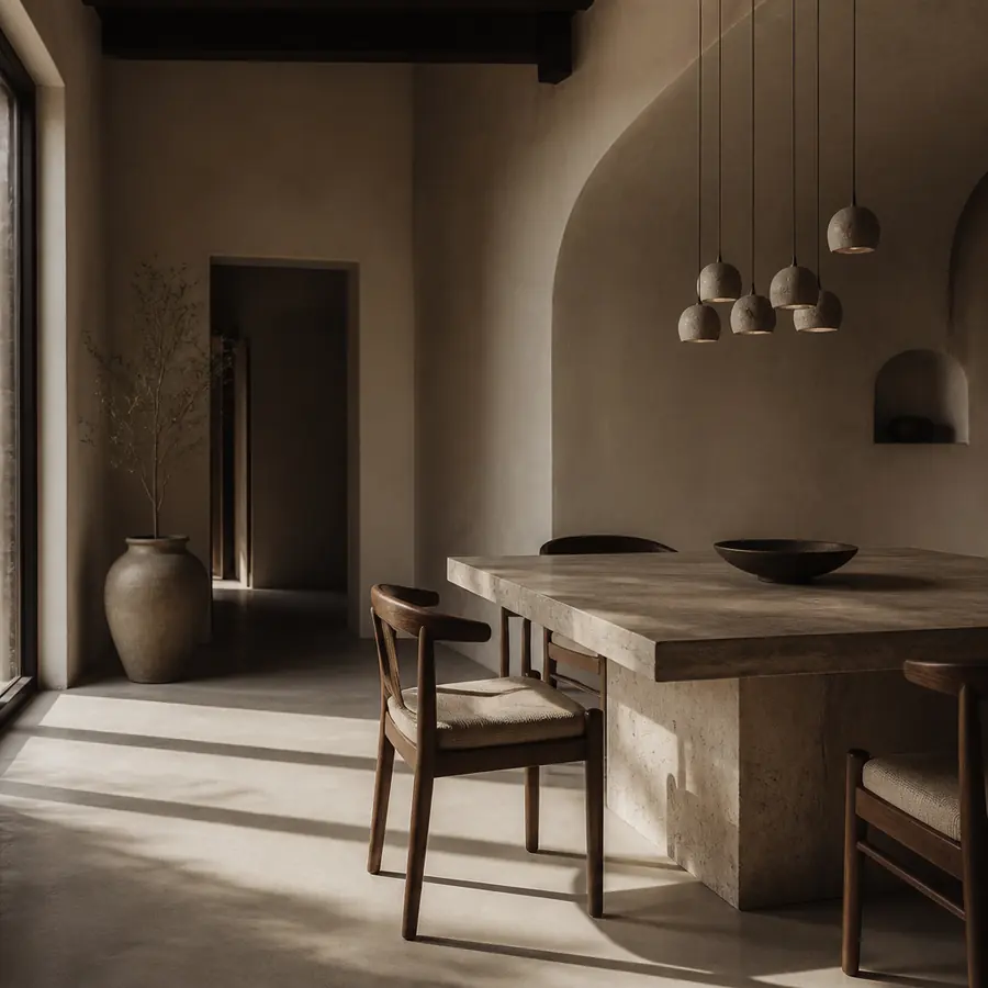 Dining room with a travertine table and a cluster of small pendants