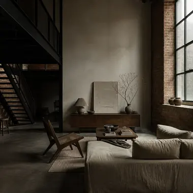 Double-height brick room with a black steel mezzanine stair