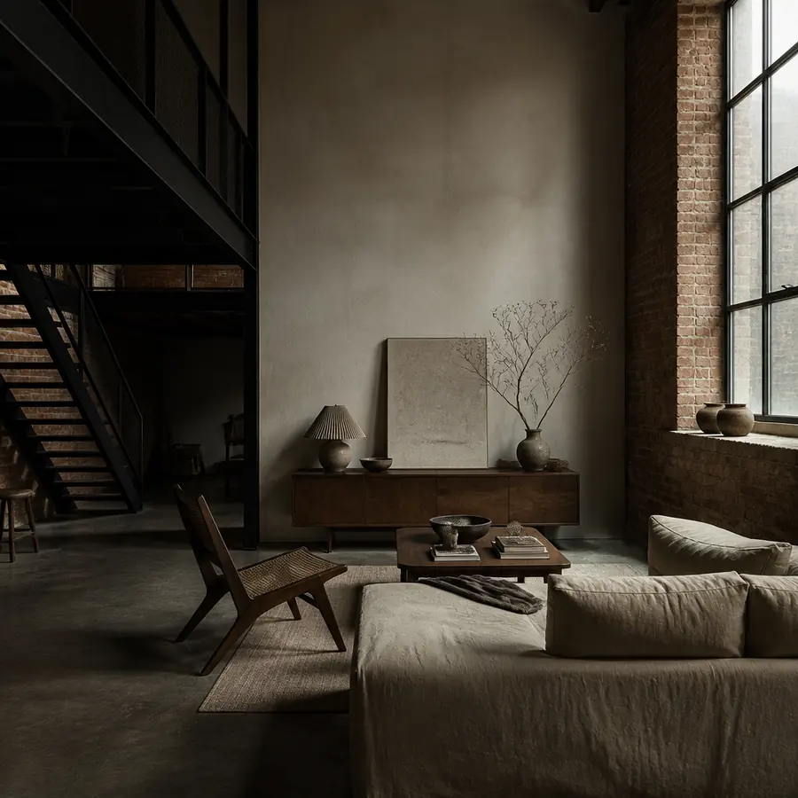 Double-height brick room with a black steel mezzanine stair