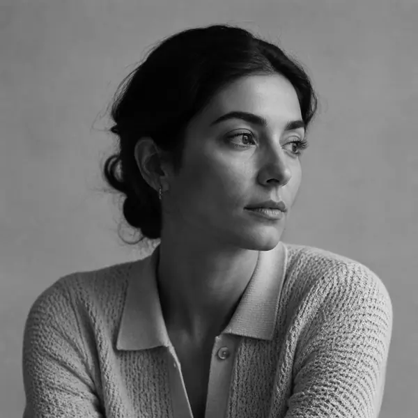 Studio portrait of a designer in a patterned knit collar