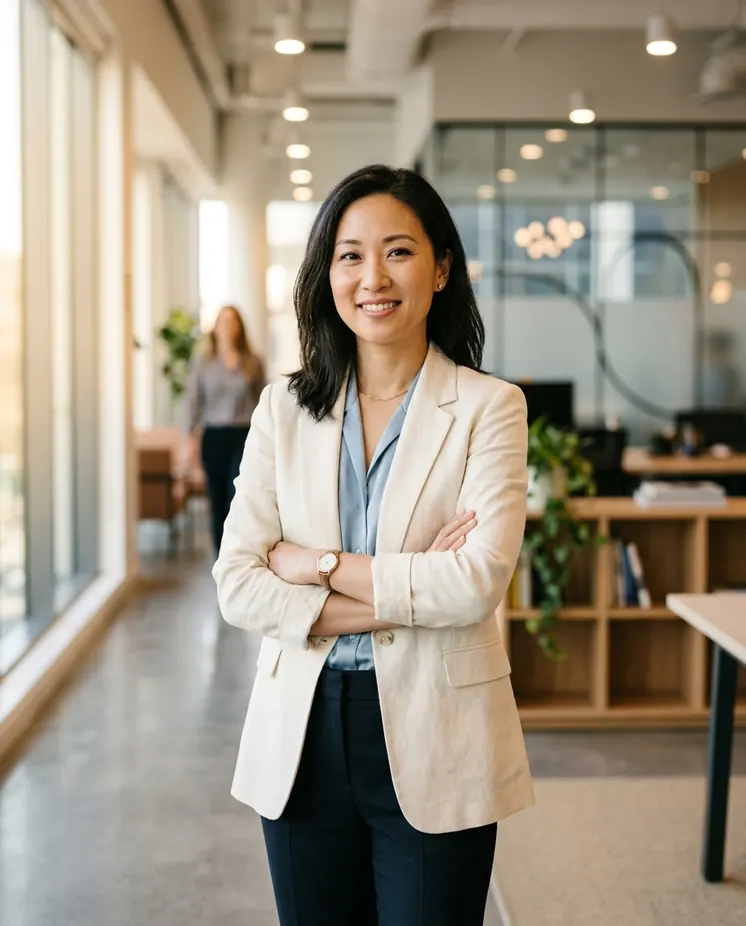 A client of the firm standing in her own office