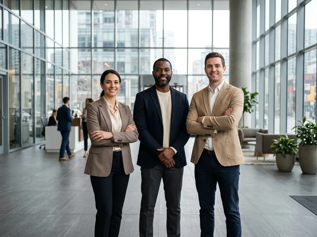Three colleagues standing together in an office lobby