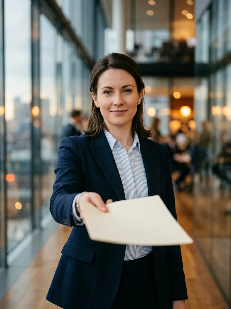 A lawyer handing a signed agreement across a bright office