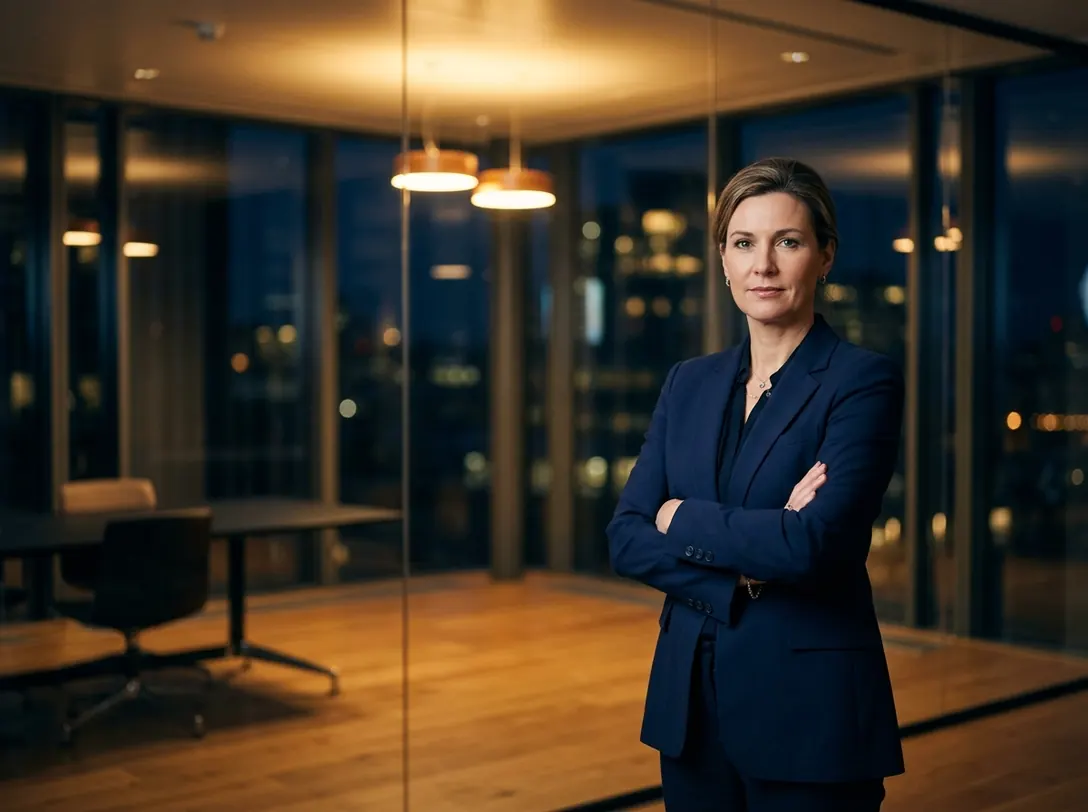 A lawyer standing in a glass walled meeting room