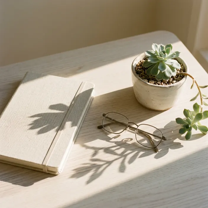 A linen notebook and reading glasses on a pale desk beside a plant