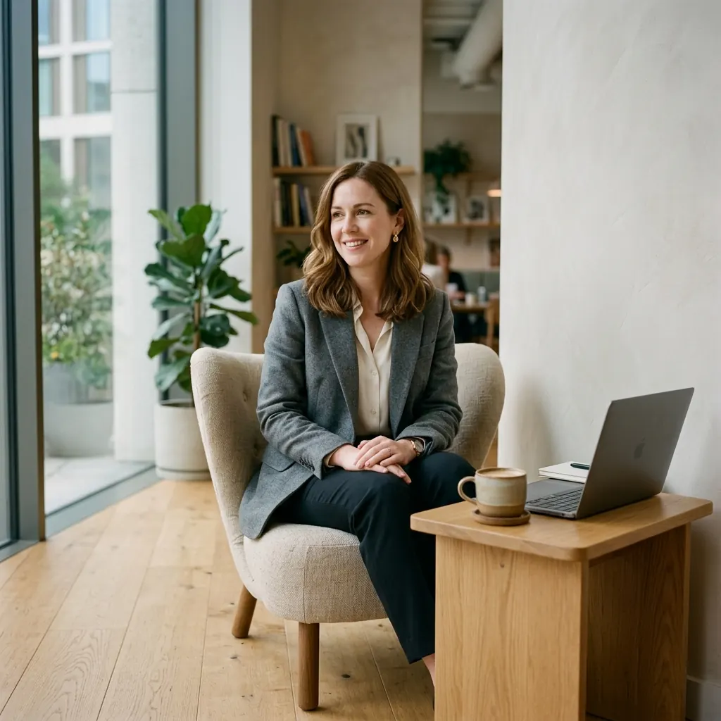 A lawyer working from a low armchair in a calm office corner