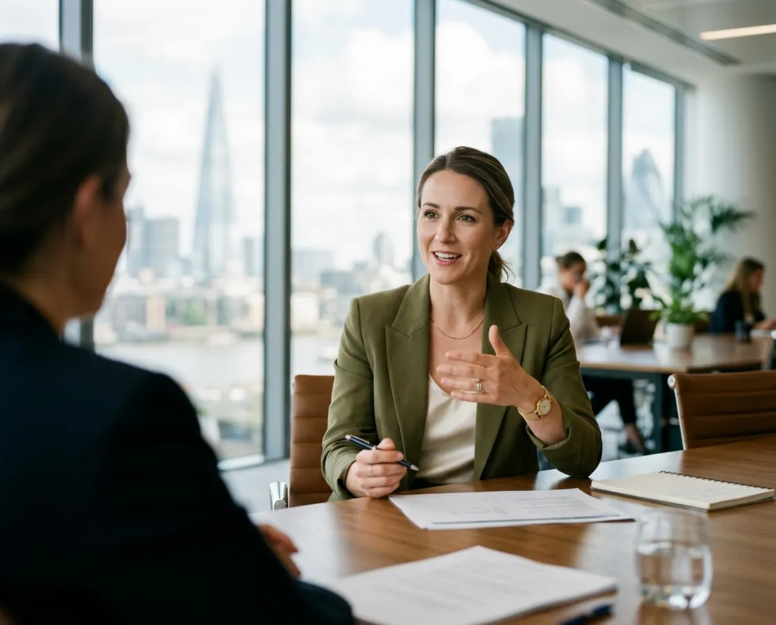 A lawyer talking a client through a document across a table