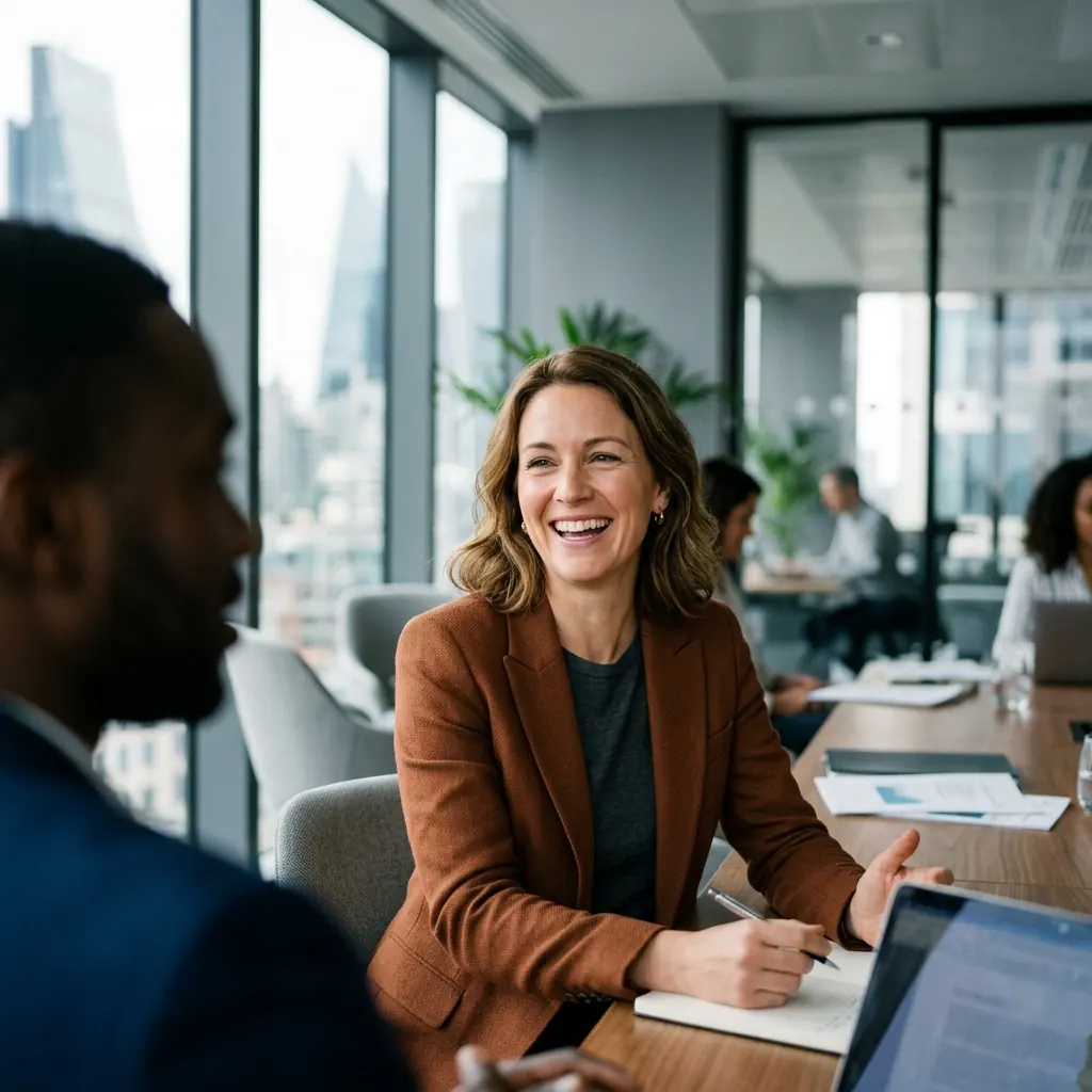 A lawyer in conversation with a client in a bright office