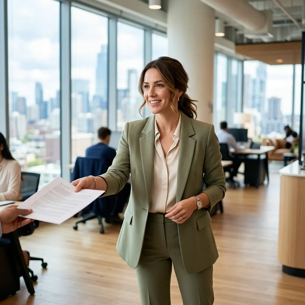 A lawyer passing a printed agreement across a bright office table