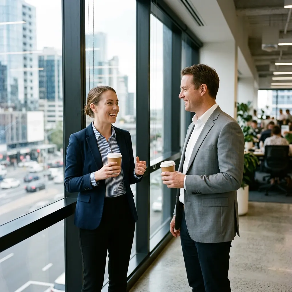 Two colleagues talking beside a tall office window
