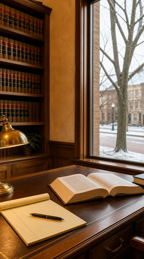 A lamplit desk with law books beside a window onto a snowy street
