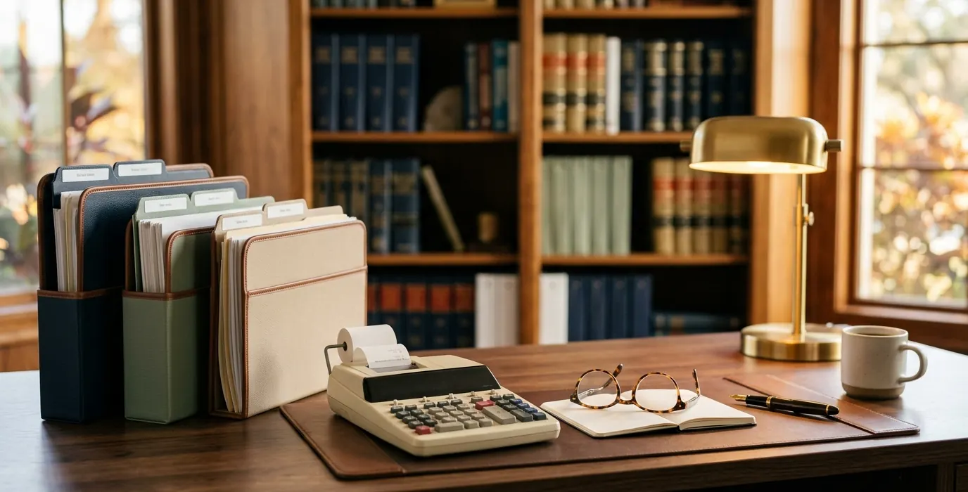 Tax paperwork in folders beside a printing calculator and reading glasses