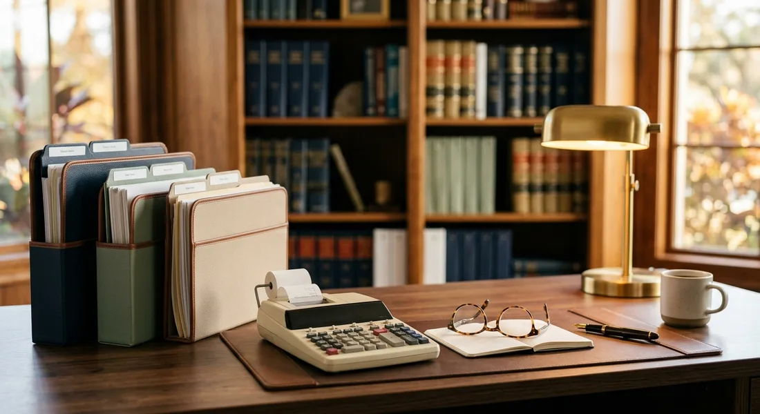 Tax paperwork in folders beside a printing calculator and reading glasses