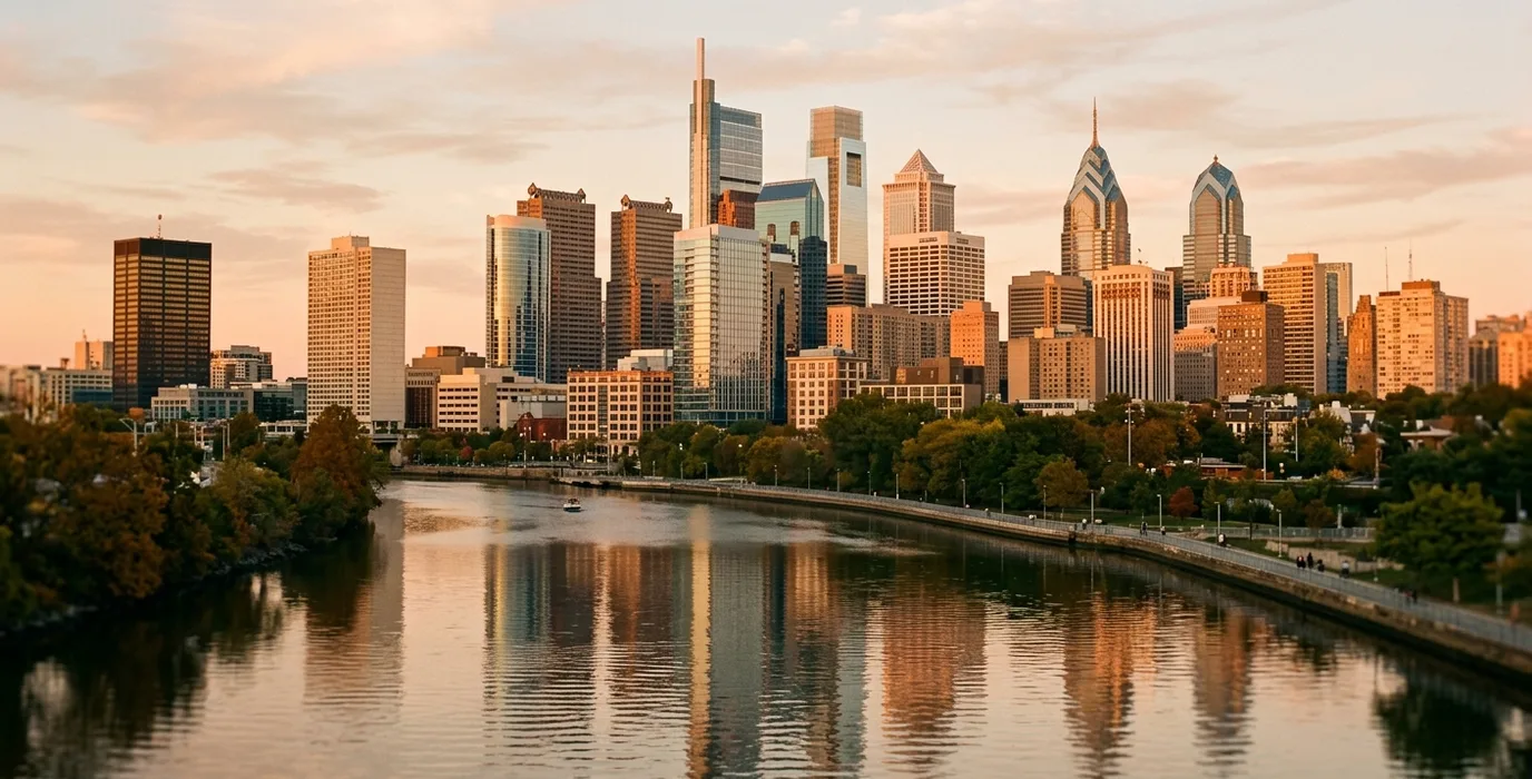 A city skyline over a river at golden hour