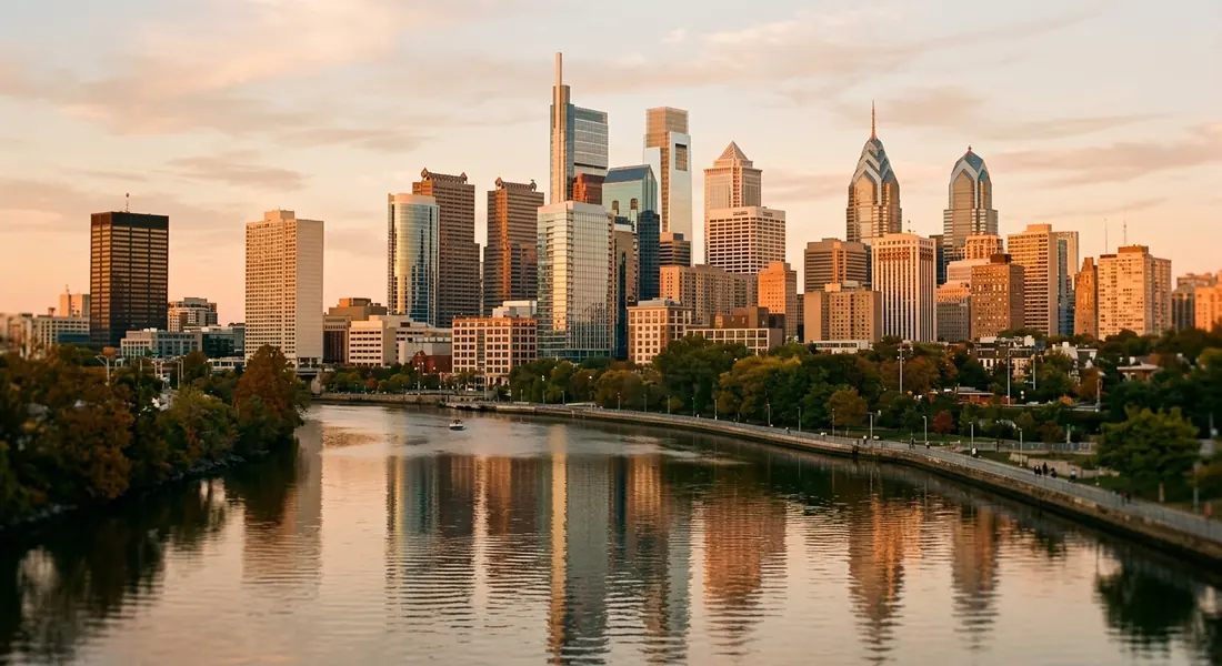 A city skyline over a river at golden hour