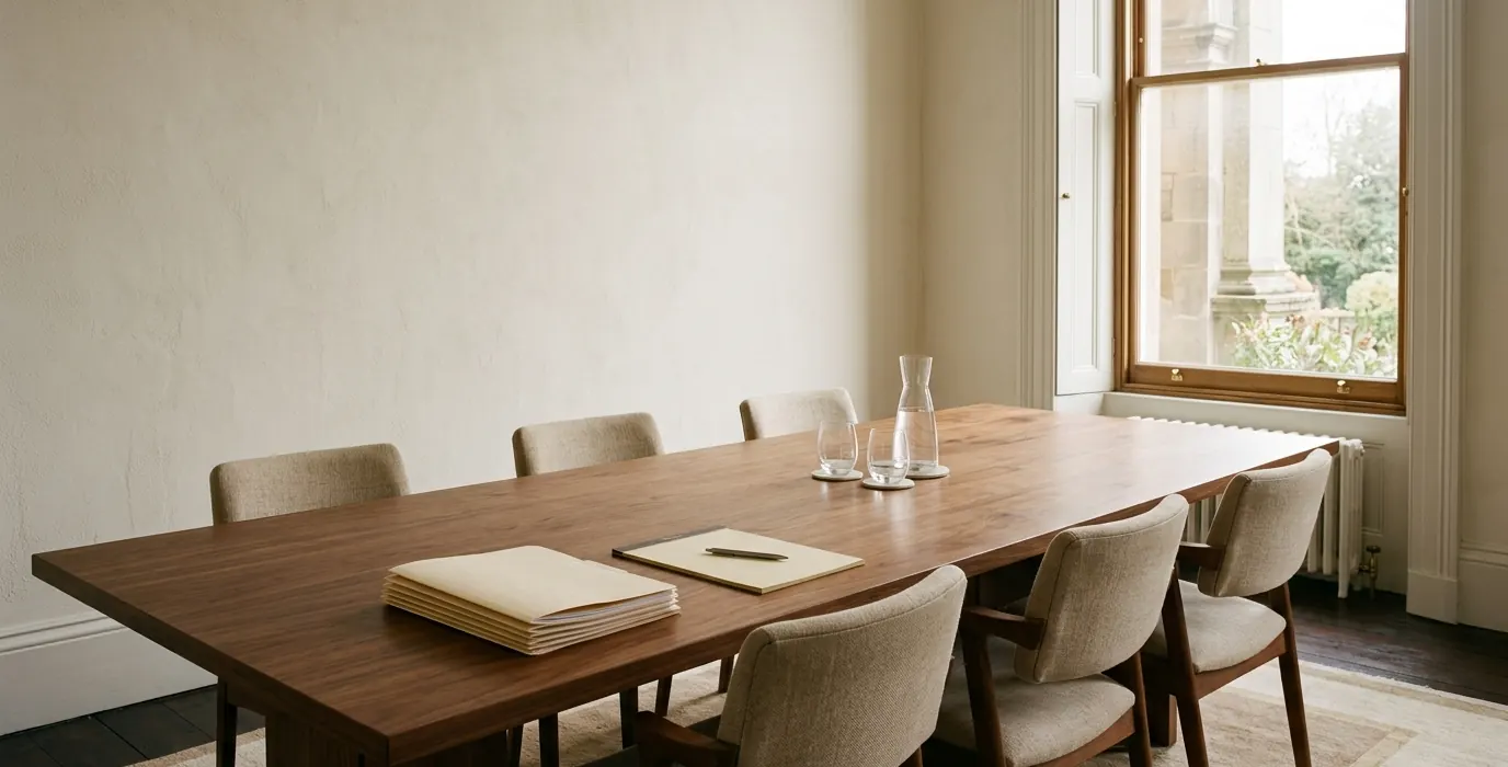 A meeting table in a law office with folders and daylight from a tall window