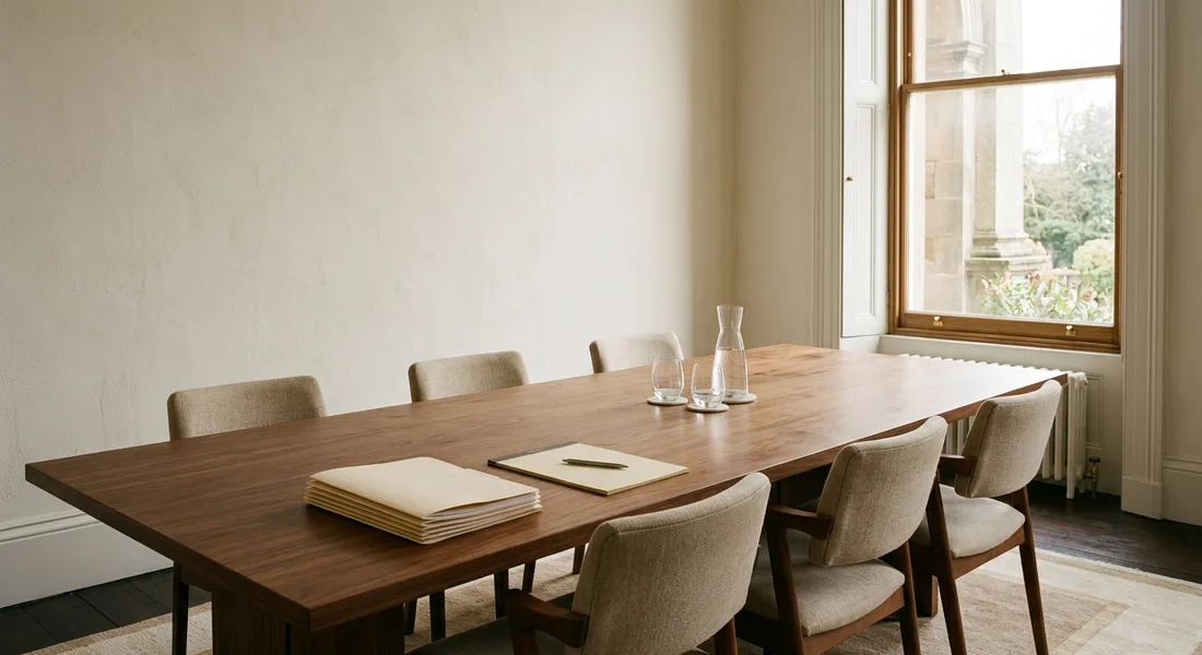 A meeting table in a law office with folders and daylight from a tall window